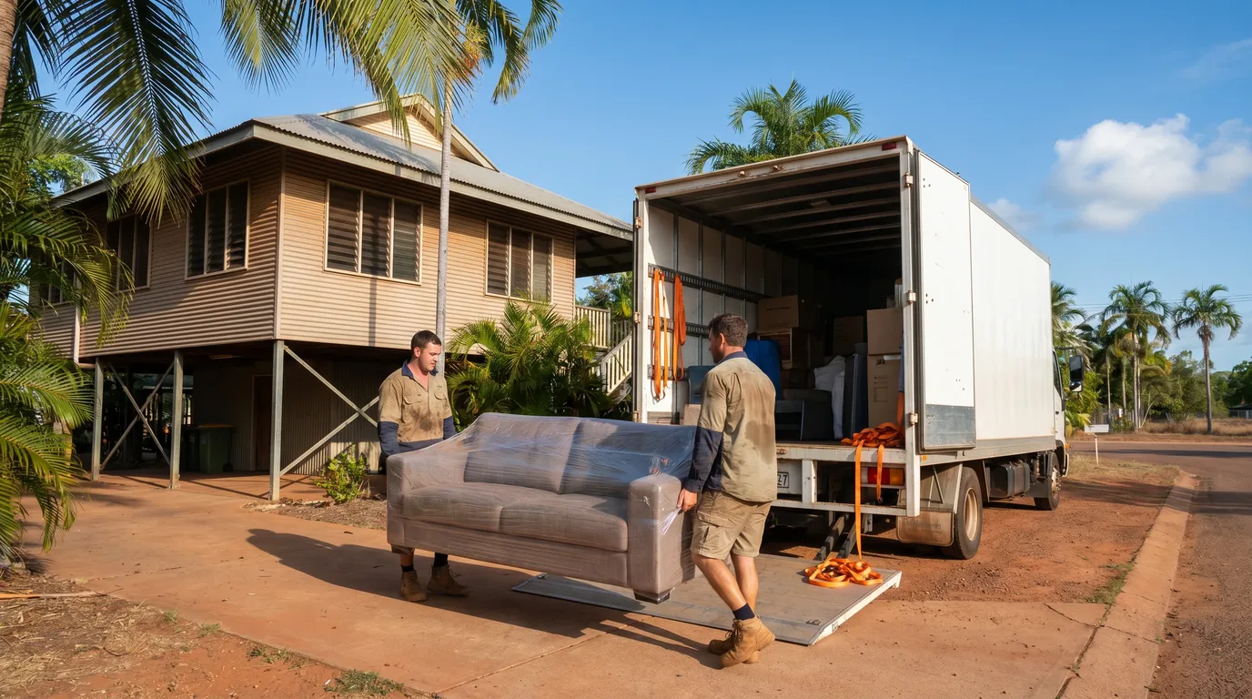 Darwin removalists loading a wrapped sofa onto a truck outside a stilt home, dry season light and red-dirt driveway